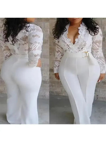 Women Deep V Neck White Lace Romper. (Plus Size Available.) My Store