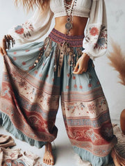 Elegant Women's Trousers Classic Retro Bohemian Patchwork High Waist Wide Leg Trousers Sexy Fashion Layered Ruffled Trousers Elite Boutique