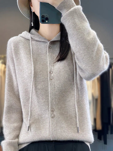 Hoodie Women's Merino Woolen Sweater Fashion Button Casual Loose Hoodie Knitted Sweater Elite Boutique