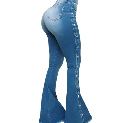 Women’s High Waisted Denim Flare Pants with Stretch. Elite Boutique