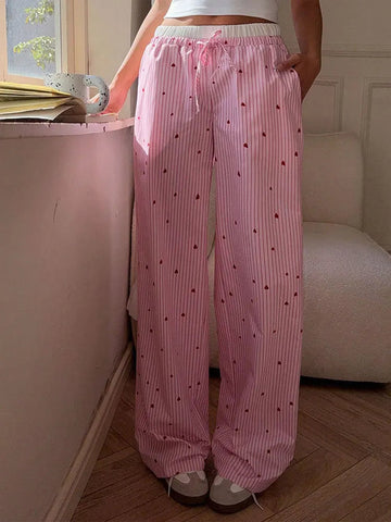 Women's Trousers Summer New Streetwear Fashion Striped Print Love Lace-up Casual Slim Trousers Pink Sexy Sweet Female Clothing Elite Boutique