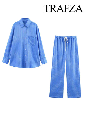TRAFZA Women Striped Trouser Suit Turn-down Collar Long Sleeve Single-breasted Slim Shirt+High Waist Drawstring Loose Long Pants Elite Boutique