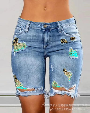 Two-Piece Patchwork Cutout Ripped Denim Shorts Elite Boutique