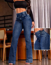Sexy Elegant New Fashion 2024 Casual Female Trouser Bottom Back Shirred Button Front High Waist Jeans Elite Boutique
