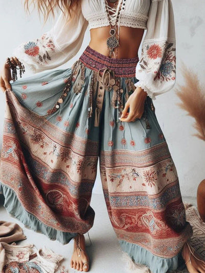 Elegant Women's Trousers Classic Retro Bohemian Patchwork High Waist Wide Leg Trousers Sexy Fashion Layered Ruffled Trousers Elite Boutique