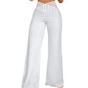 Women Hollow Belt Trousers Fashion Temperament Commuting Flared Trousers Daily Classic Solid Causal High Waist Wide Leg Pants Elite Boutique
