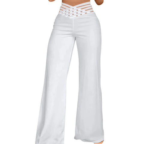 Women Hollow Belt Trousers Fashion Temperament Commuting Flared Trousers Daily Classic Solid Causal High Waist Wide Leg Pants Elite Boutique