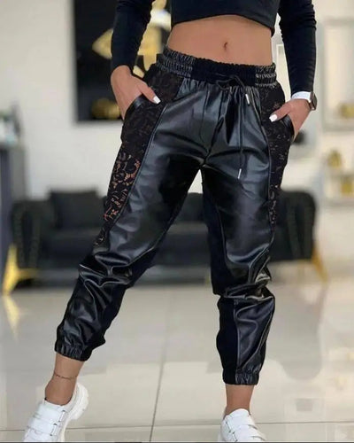 Women's Trousers Casual 2024 Summer Fashion Solid Color Contrast PU Lace Insert Pocket Drawstring High Waist Cuffed Pants Elite Boutique