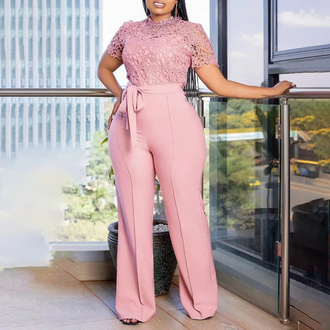 Women’s Elegant Short Sleeve Jumpsuit with O Neck Lace. (Plus Size Available.) My Store