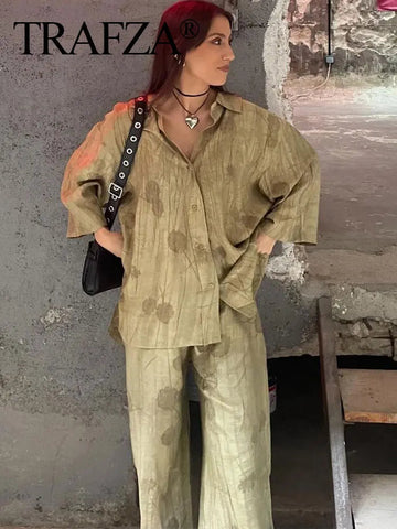 TRAFZA 2024 New Woman Trouser Set Jacquard Long Sleeves Shirt Top + Casual Chic Elegant Women's Wide Leg Long Pant Streetwear Elite Boutique