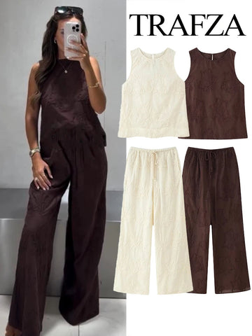 TRAFZA 2025 Women Trouser Suit Casual Embroidered Round Neck Sleeveless Slim Top+Elastic Waist Drawstring Loose Long Pants Elite Boutique
