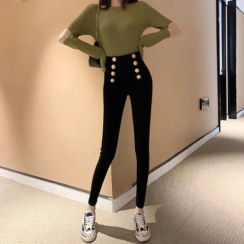 Fashion women's trousers Spring autumn new high-elastic double-breasted tight-fitting high-waisted slimming pants Women's pants Elite Boutique