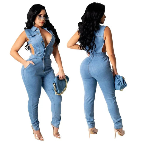 zomight 2023 New  Sexy Slim Sleeveless Light Blue Jeans Jumpsuit Denim Playsuit Women Elegance Woman Ladies Overalls Jump Suits Elite Boutique