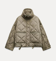 Quilted coat for women ETJ 2024traf QUILTED JACKET WITH TIES new beige drawstring high neck pocket clip cotton jacket for women Elite Boutique