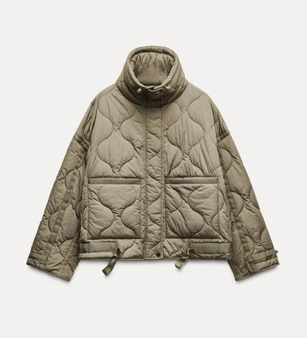 Quilted coat for women ETJ 2024traf QUILTED JACKET WITH TIES new beige drawstring high neck pocket clip cotton jacket for women Elite Boutique