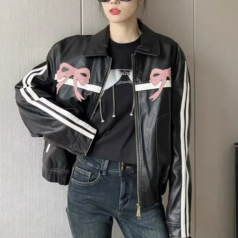 Women's Winter Jacket Women Vintage Faux Leather Coat Fashion Pu Lapel Collar Bow Zipper Overcoat Female Casual Tops Clothing Elite Boutique