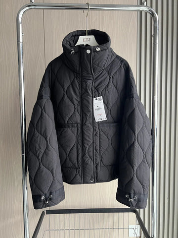 Quilted coat for women ETJ 2024traf QUILTED JACKET WITH TIES new beige drawstring high neck pocket clip cotton jacket for women Elite Boutique