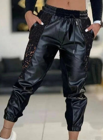 Women's Trousers Casual 2025 Spring Fashion Contrast Pu Lace Insert Drawstring High Waist Patchwork Cuffed Pencil Pants Elite Boutique