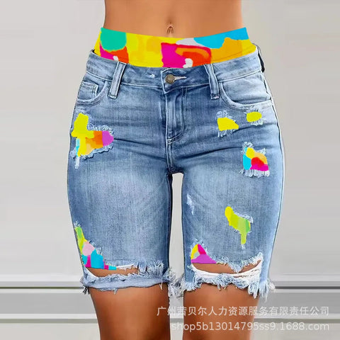 Two-Piece Patchwork Cutout Ripped Denim Shorts Elite Boutique