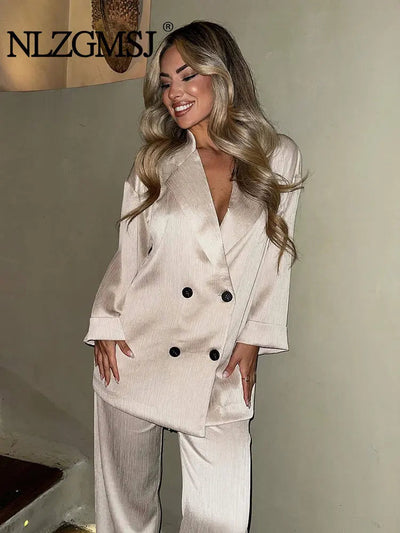 2024 Autumn Women Casual Blazer Coat Pants Set Long Sleeve Double Breasted Blazer + Wide Leg Trousers Lady Office Outfit Elite Boutique