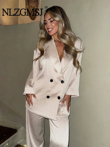 2024 Autumn Women Casual Blazer Coat Pants Set Long Sleeve Double Breasted Blazer + Wide Leg Trousers Lady Office Outfit Elite Boutique