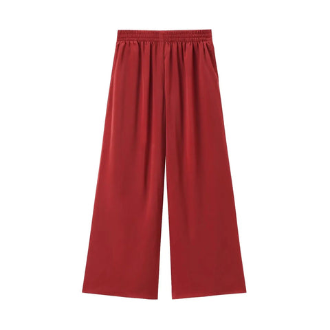 TRAF Pants for Women Fashion Spring Autumn New Solid Color Folded Chic Female Elastic High Waist Wide Leg Trousers Mujer Elite Boutique