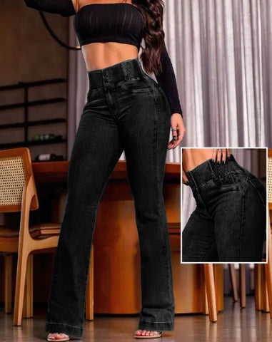 Sexy Elegant New Fashion 2024 Casual Female Trouser Bottom Back Shirred Button Front High Waist Jeans Elite Boutique