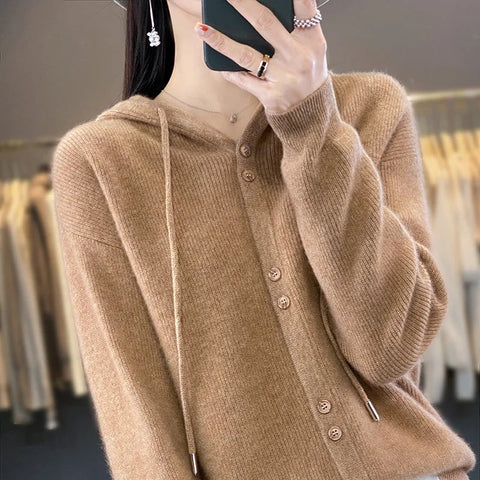 Hoodie Women's Merino Woolen Sweater Fashion Button Casual Loose Hoodie Knitted Sweater Elite Boutique