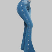 Women’s High Waisted Denim Flare Pants with Stretch. Elite Boutique
