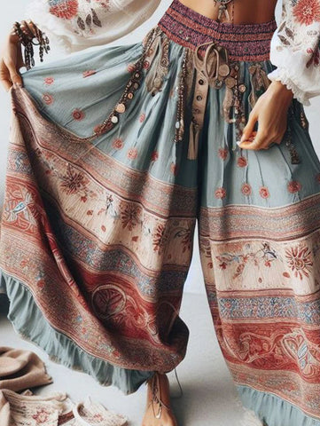 Elegant Women's Trousers Classic Retro Bohemian Patchwork High Waist Wide Leg Trousers Sexy Fashion Layered Ruffled Trousers Elite Boutique