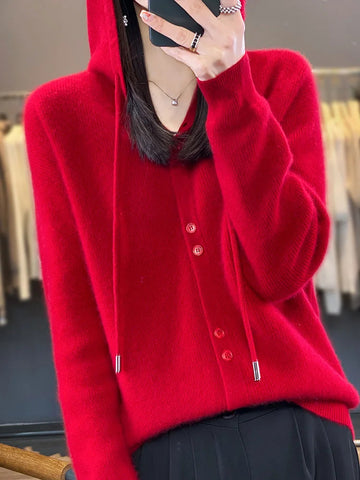 Hoodie Women's Merino Woolen Sweater Fashion Button Casual Loose Hoodie Knitted Sweater Elite Boutique