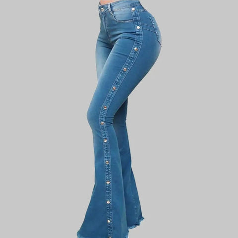 Women’s High Waisted Denim Flare Pants with Stretch. Elite Boutique