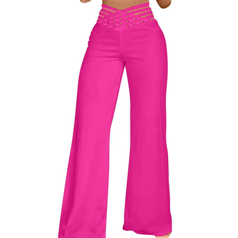 Women Hollow Belt Trousers Fashion Temperament Commuting Flared Trousers Daily Classic Solid Causal High Waist Wide Leg Pants Elite Boutique
