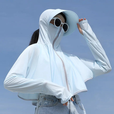 UPF 50+ Women Sunscreen Hoodie Solid Color Thin Ice Silk Summer UV Protection Long-sleeved Jacket Breathable Shirt Clothing Elite Boutique