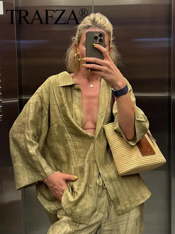TRAFZA 2024 New Woman Trouser Set Jacquard Long Sleeves Shirt Top + Casual Chic Elegant Women's Wide Leg Long Pant Streetwear Elite Boutique