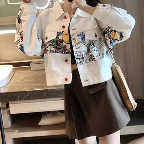 Denim jacket women's autumn and winter new style graffiti work jacket fashion temperament loose Korean college style short coat. Elite Boutique