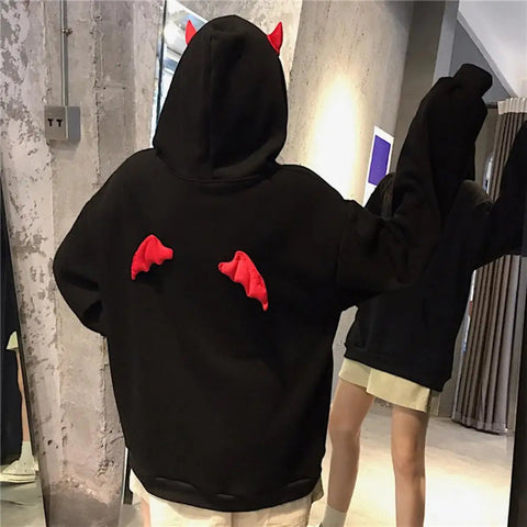 Hoodie Coat Men Warm Coat Women's Gothic Hooded Sweatshirt with Little Devil Horns Demon Fly Wings Loose Fit Pullover for Girls Elite Boutique
