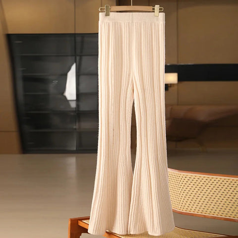 100% merino wool women's knitted trousers, popular, fashionable, warm, bell-bottomed trousers, new autumn and winter 2024 Elite Boutique