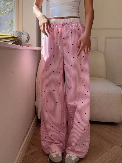 Women's Trousers Summer New Streetwear Fashion Striped Print Love Lace-up Casual Slim Trousers Pink Sexy Sweet Female Clothing Elite Boutique