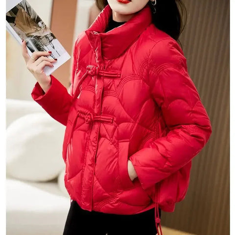 Women's Jacket Quilted Padded Short Duck Down Red Thick Padding Cropped White Female Coats Fashion 2024 Modern New in & Harajuku Elite Boutique