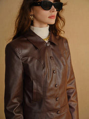 Women's Jackets Elegant Coffee Brown PU Leather Button Front 25 Spring Summer Slim Fit Office Essentials Urban Commute Night Out Elite Boutique
