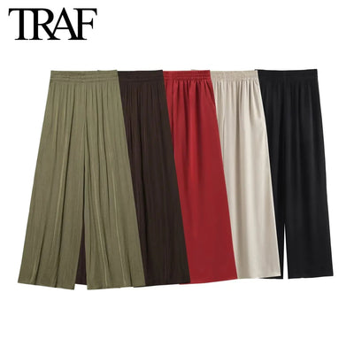 TRAF Pants for Women Fashion Spring Autumn New Solid Color Folded Chic Female Elastic High Waist Wide Leg Trousers Mujer Elite Boutique
