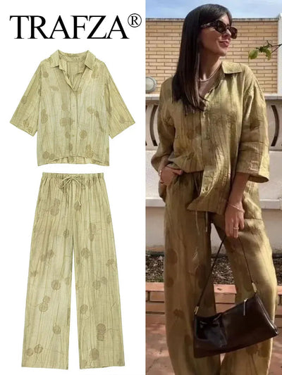 TRAFZA 2024 New Woman Trouser Set Jacquard Long Sleeves Shirt Top + Casual Chic Elegant Women's Wide Leg Long Pant Streetwear Elite Boutique
