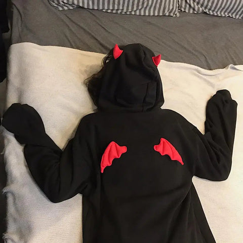 Hoodie Coat Men Warm Coat Women's Gothic Hooded Sweatshirt with Little Devil Horns Demon Fly Wings Loose Fit Pullover for Girls Elite Boutique