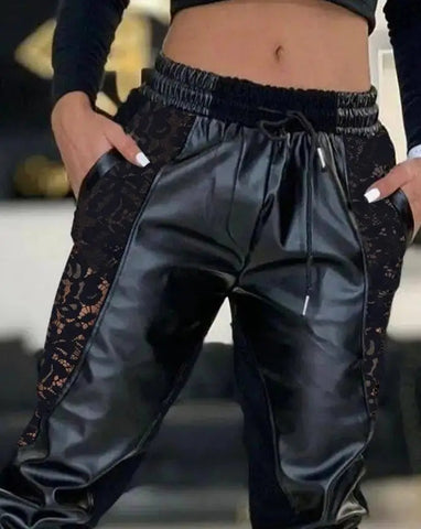Women's Trousers Casual 2024 Summer Fashion Solid Color Contrast PU Lace Insert Pocket Drawstring High Waist Cuffed Pants Elite Boutique