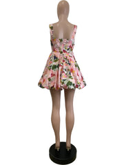 HLJ Fashion Flower Print Long Dress Women Spaghetti Strap Backless Bubble Puff Dresses Female Streetwear Vestidos Summer New Elite Boutique
