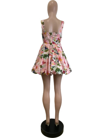 HLJ Fashion Flower Print Long Dress Women Spaghetti Strap Backless Bubble Puff Dresses Female Streetwear Vestidos Summer New Elite Boutique