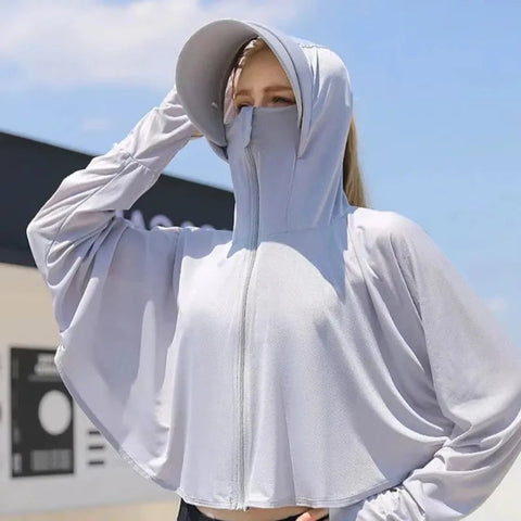 UPF 50+ Women Sunscreen Hoodie Solid Color Thin Ice Silk Summer UV Protection Long-sleeved Jacket Breathable Shirt Clothing Elite Boutique