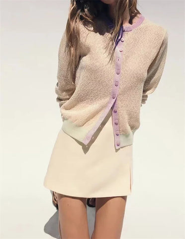 Women's Jacket New Summer 2025 Color-blocked Long Sleeve Crewneck Knit Jacket Romantic Style Casual Fashion Personality Versatil Elite Boutique