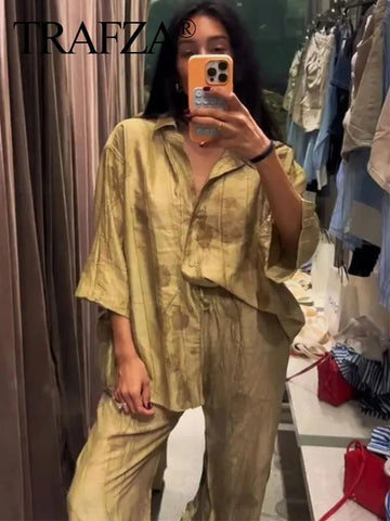 TRAFZA 2024 New Woman Trouser Set Jacquard Long Sleeves Shirt Top + Casual Chic Elegant Women's Wide Leg Long Pant Streetwear Elite Boutique